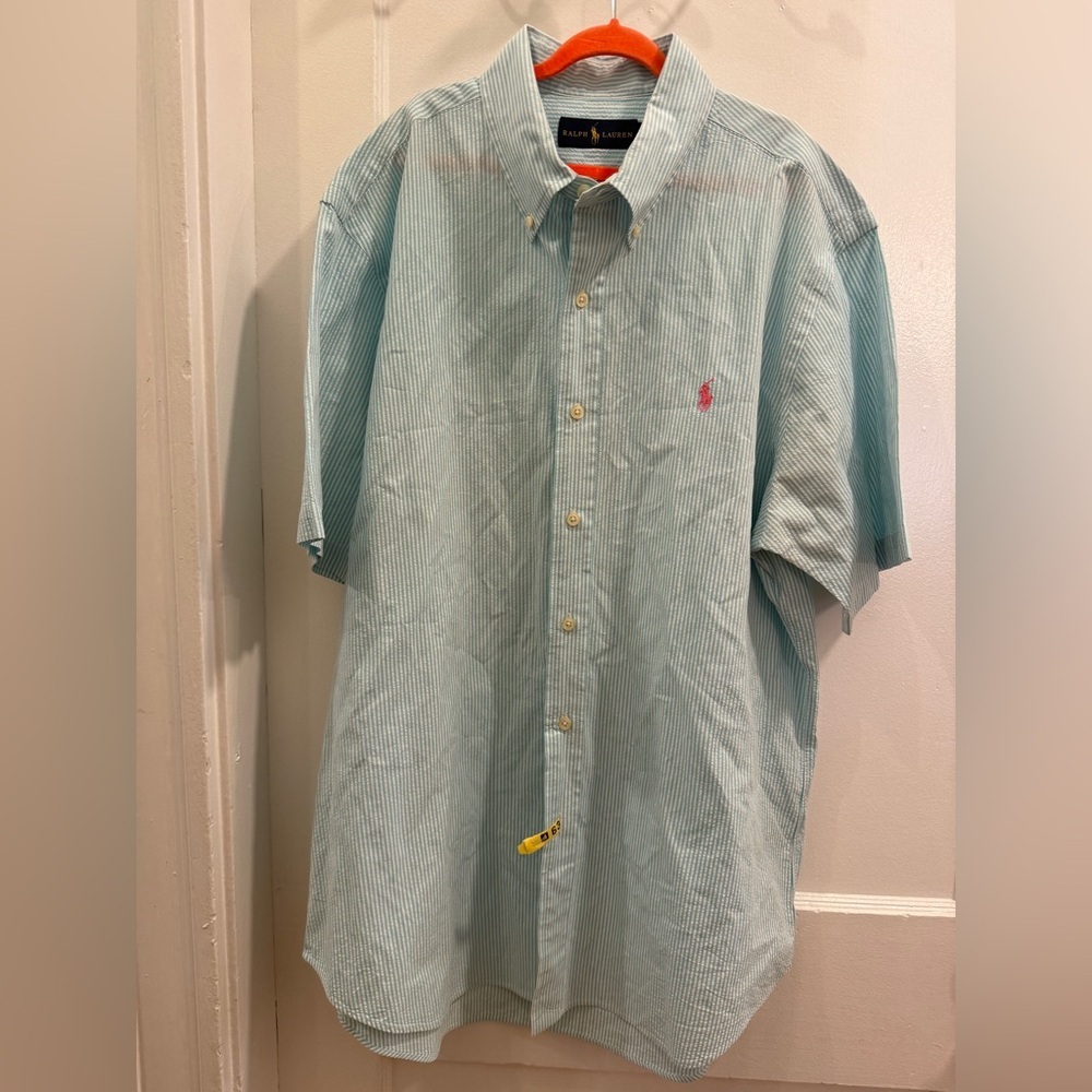 RALPH LAUREN SEERSUCKER Button Down Short Sleeve AQUA WHITE LARGE VINTAGE